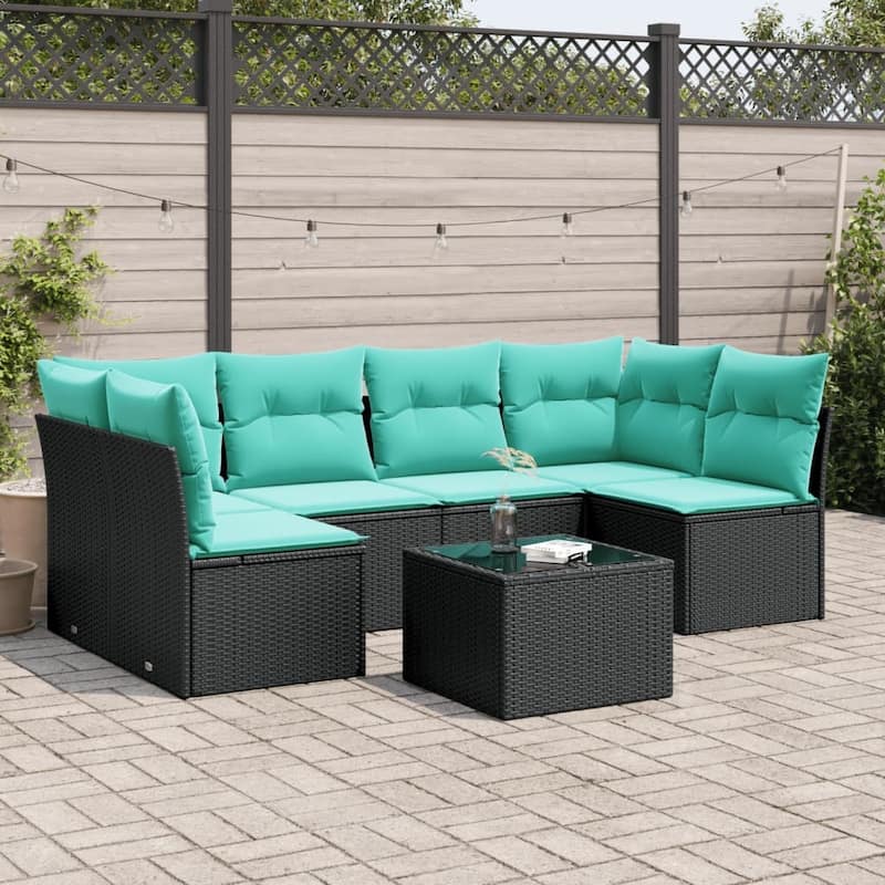 vidaXL 6/7 Piece Patio Sofa Set with Cushions Black/Brown/Gray Poly Rattan - 24.4 x 24.4 x 27.2 - Black and blue With table