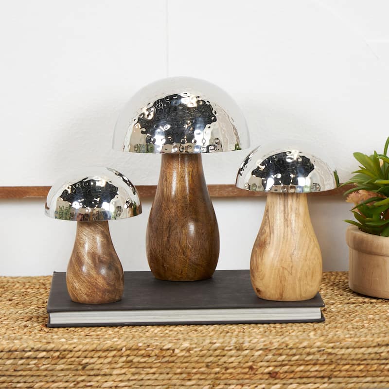 Gold or Silver Stainless Steel Handmade Hammered Mushroom Sculpture with Brown Mango Wood Bases (Set of 3) - Silver