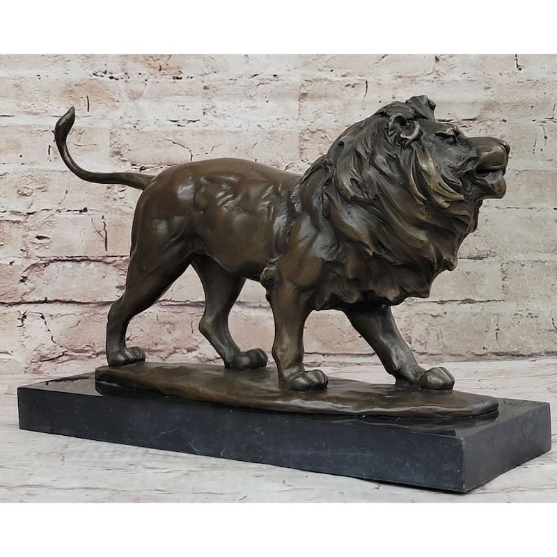 Walking Imitative Lion Bronze Sculpture Statue Figure On Marble Base Signed Milo