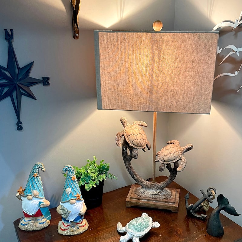 Set Of 2 Double Sea Turtle Table Lamps Coastal Nautical Resin 27.75" W/Shades - 27.75 X 15 X 9 inches