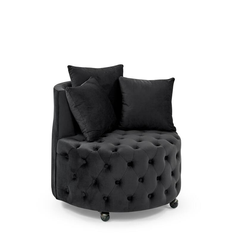 Roomfitters Velvet Swivel Chair with Tufted Button Design, Round Accent Chair with 3 Pillows and Wheels, Lounge Seating
