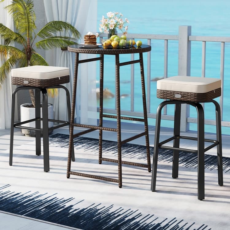 3-Piece Outdoor High Bar Set with Swivel Chairs and Tempered Glass Table Included Cushioned Seats - Table: 25” × 40” (Dia. × H)