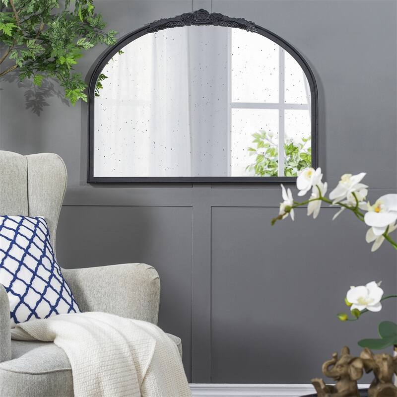 Hand Carved Rose Antique Mirror Frame Wood Arch Mirror Wall Decor - Black