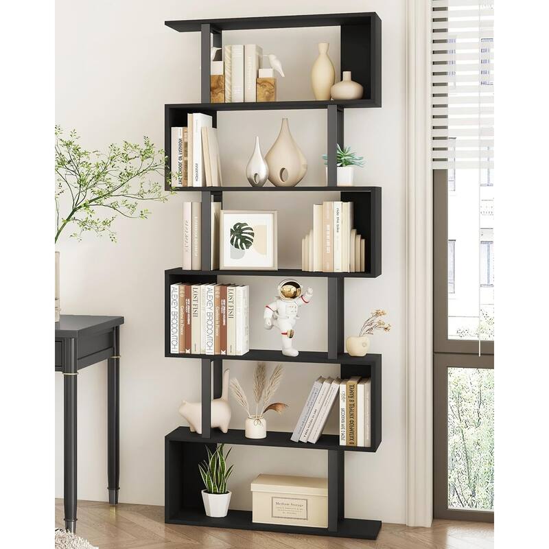 S-Shaped Bookshelf, Black Geometric Bookcase for Home & Office - Black/New 6 Tier