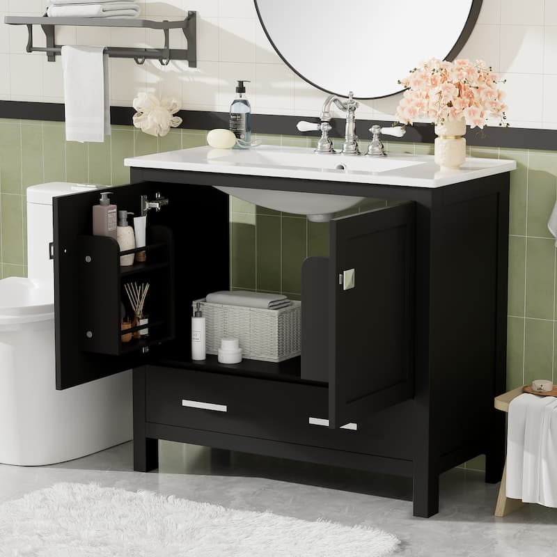 Bathroom Vanity with Ceramic Sink, Storage Cabinet with Soft-Close Doors and Drawer, Bathroom Vanities with Storage Shelves