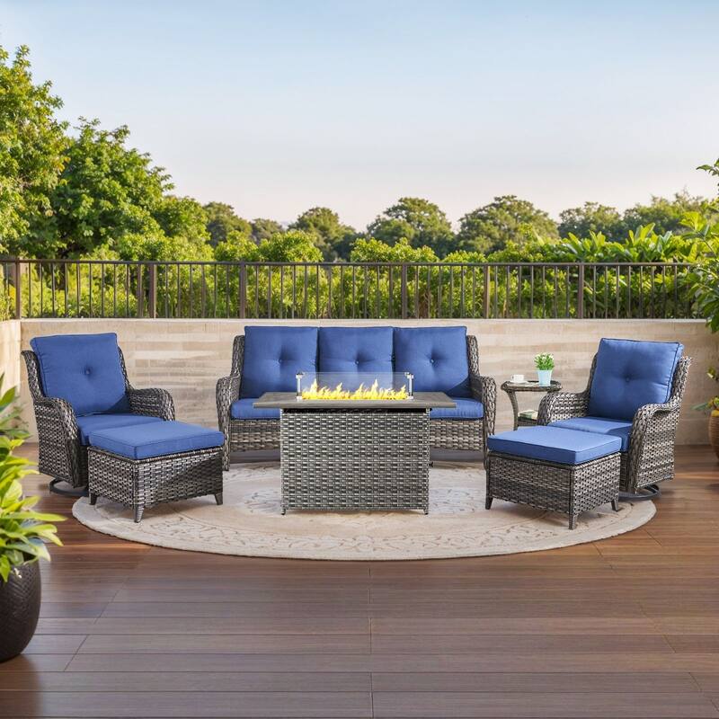 Gymojoy 7-Piece Outdoor Furniture Sofa Set with 2 Swivel Chairs, 2 Ottomans, End Table & 55K BTU Fire Pit Table - Grey Wicker / Blue Cusion - 7-Piece