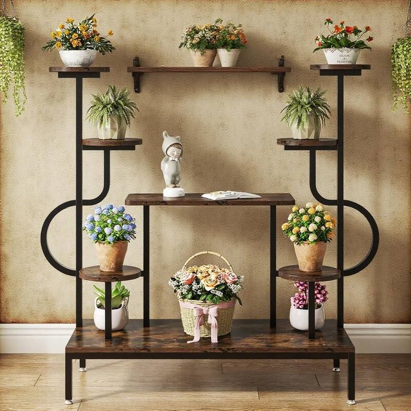 Black-Brown Metal and Wood 8-Tier Corner Plant Stand with Mixed Shelves - 39.37” x 15.74” x 49.6”