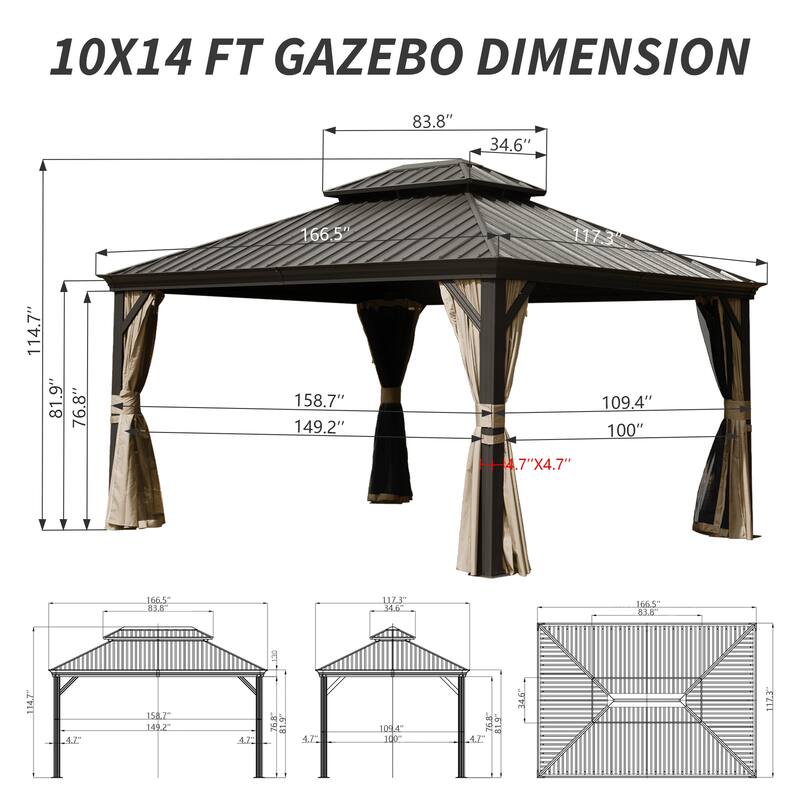 10' X 14' Hardtop Gazebo with Galvanized Steel Roof, Aluminum Frame, Curtains, and Netting for Outdoor Use