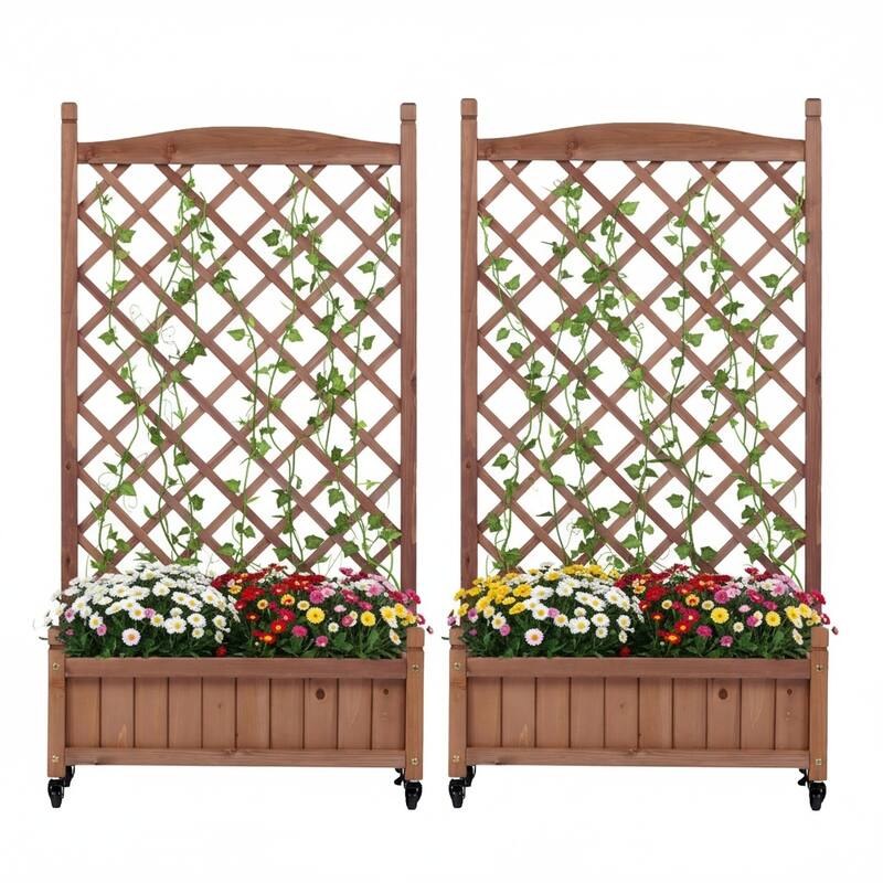 Set of 2 Portable Wood Planter Garden Bed with Wheels Drainage Trellis