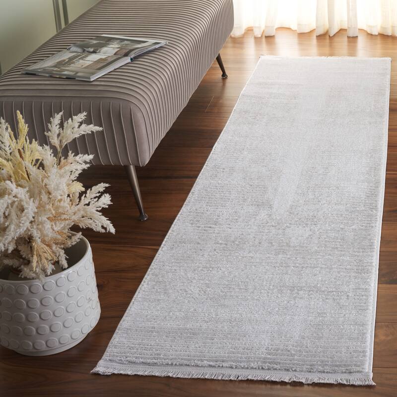 SAFAVIEH Whisper Cathalijne Contemporary Stripe Fringe Rug - 2'2" x 8' Runner - Grey/Ivory