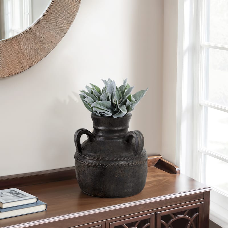 Terracotta Vase Rustic Textured Design Double Handles for Modern Space - Black - 13" x 13" x 12.5"