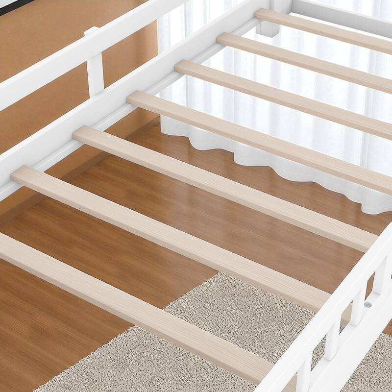 Twin/Full Size Wood Platform Bed with LED Light, Storage Headboard and Guardrail, No Box Spring Needed