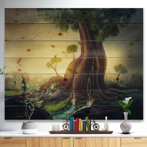 Designart 'Giant Tree with Woman' Abstract Print on Natural Pine Wood - Green