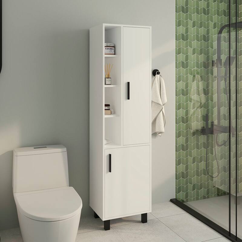 Storage Cabinet, 2 Doors, 9 Shelves, 4 Legs with durable engineered wood build, White - White