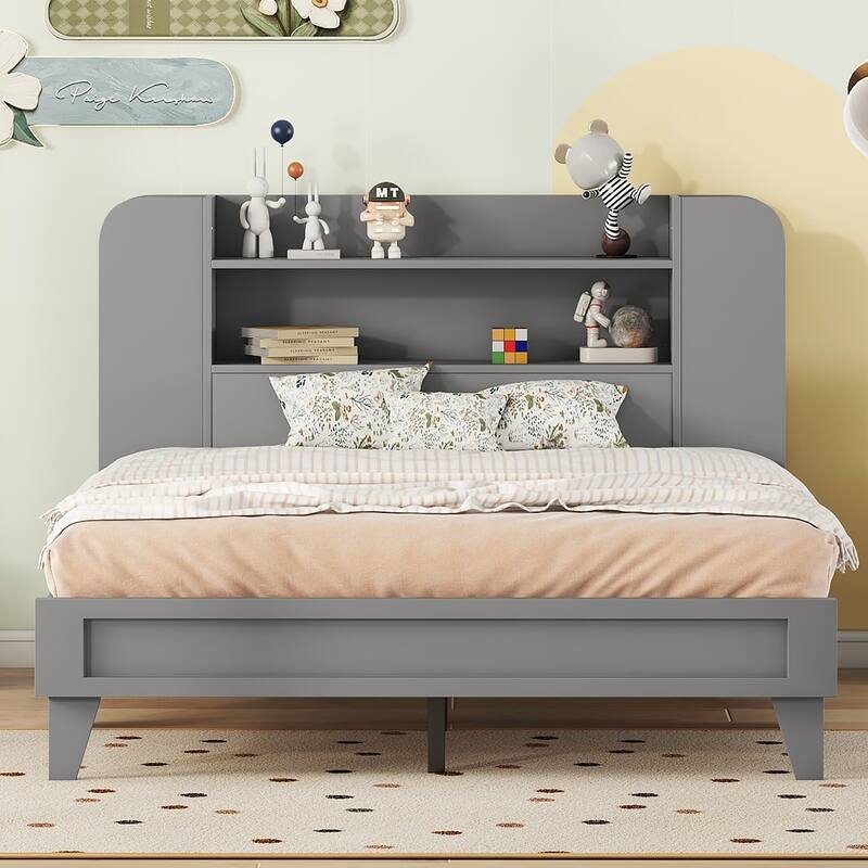 Space Saving Wood Platform Storage Bed with Storage Shelves Headboard