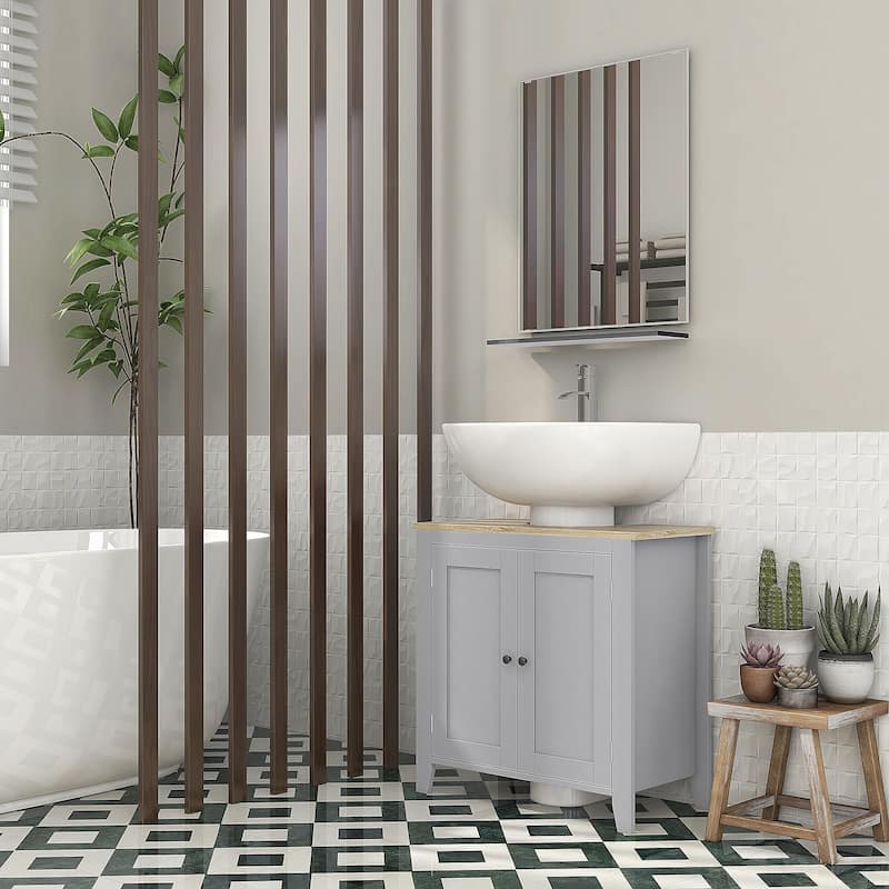 Grey Bathroom Storage Cabinet with Adjustable Shelf and Wood Grain Top for Under Sink Organization