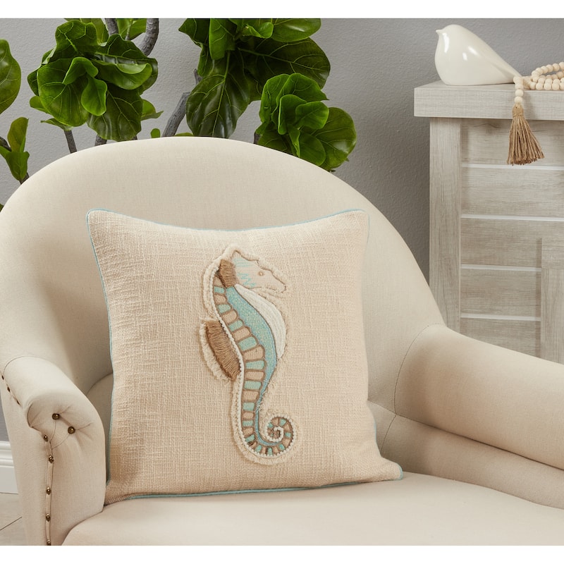 Throw Pillow With Embroidered Sea Horse Design, 18"x18"
