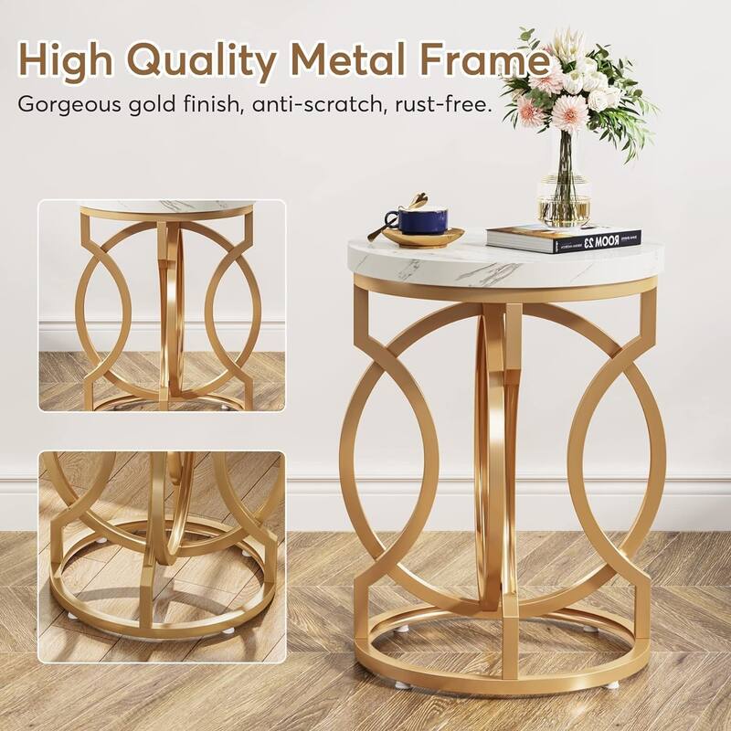 20"Round End Table with Faux Marble Top, Modern Accent Side Table with Gold O-Shaped Base, Nightstand for Living Room & Bedroom