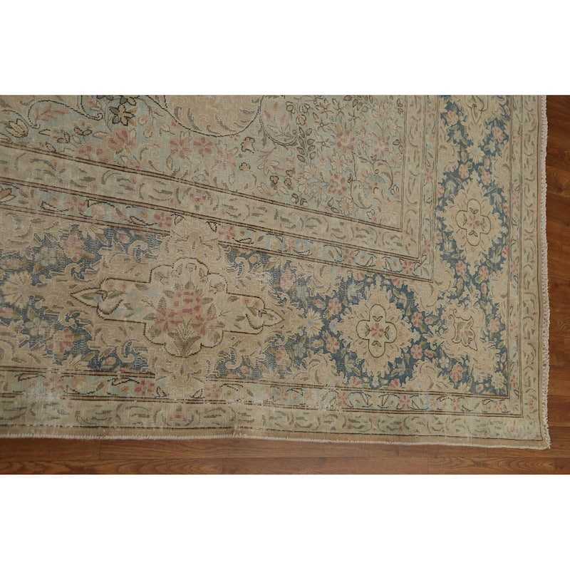 Distressed Floral Kerman Persian Area Rug Hand-knotted Wool Carpet - 10'1" x 14'1"