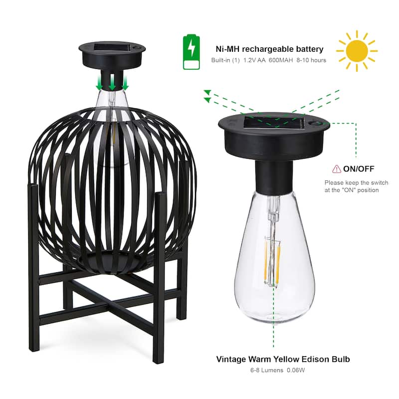 Glitzhome Outdoor Black Metal Striped Freestanding Solar Lantern Deck Lamp