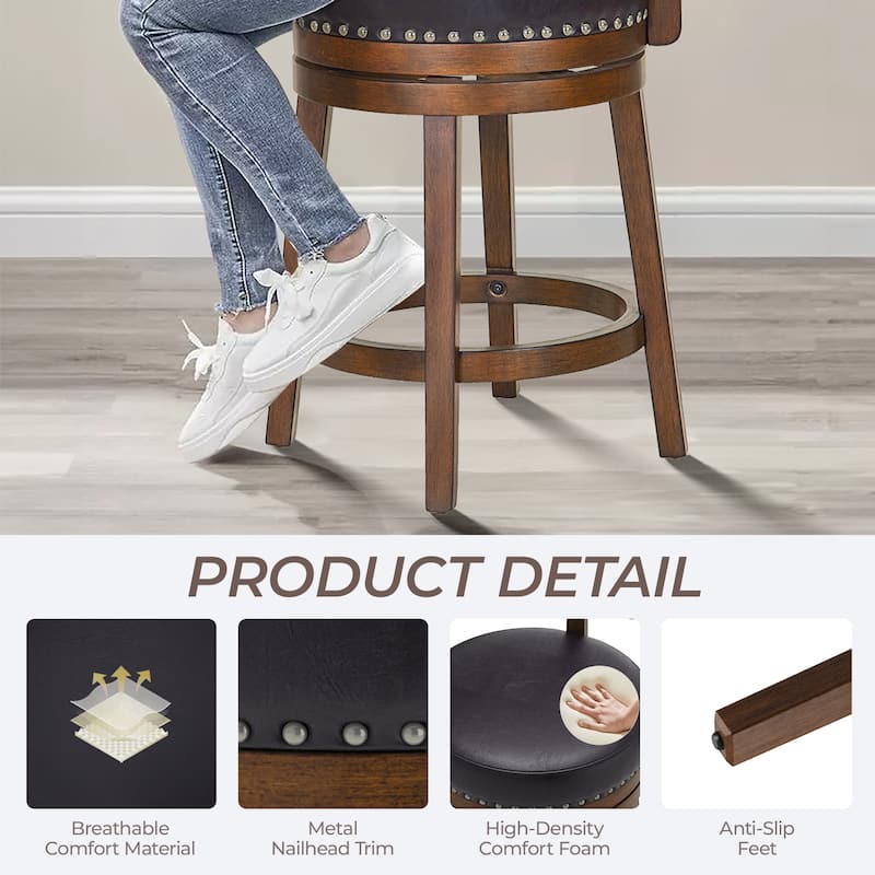 360-Degree Swivel Counter Height Bar Stool with Backrest Rubberwood Frame