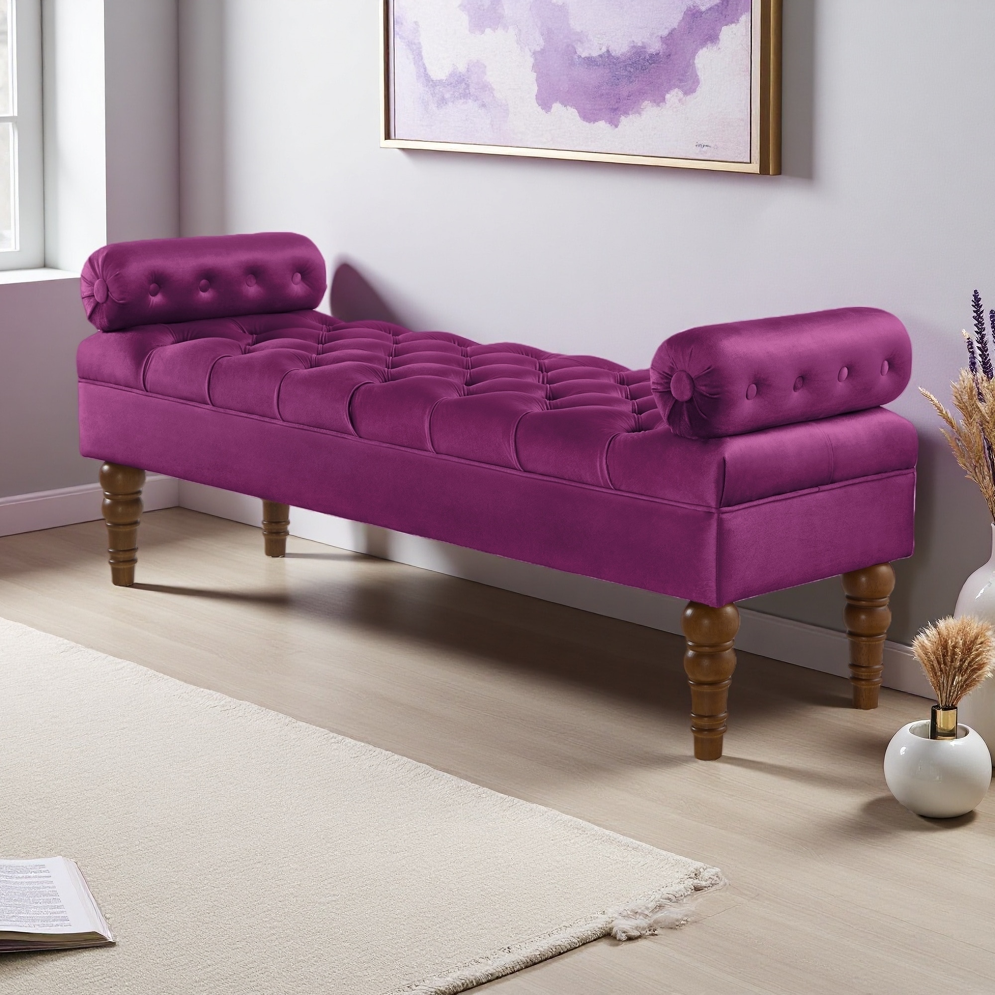 51.5"L Velvet Upholstered Bench, Tufted Buttons, Solid Wood Spindle Legs