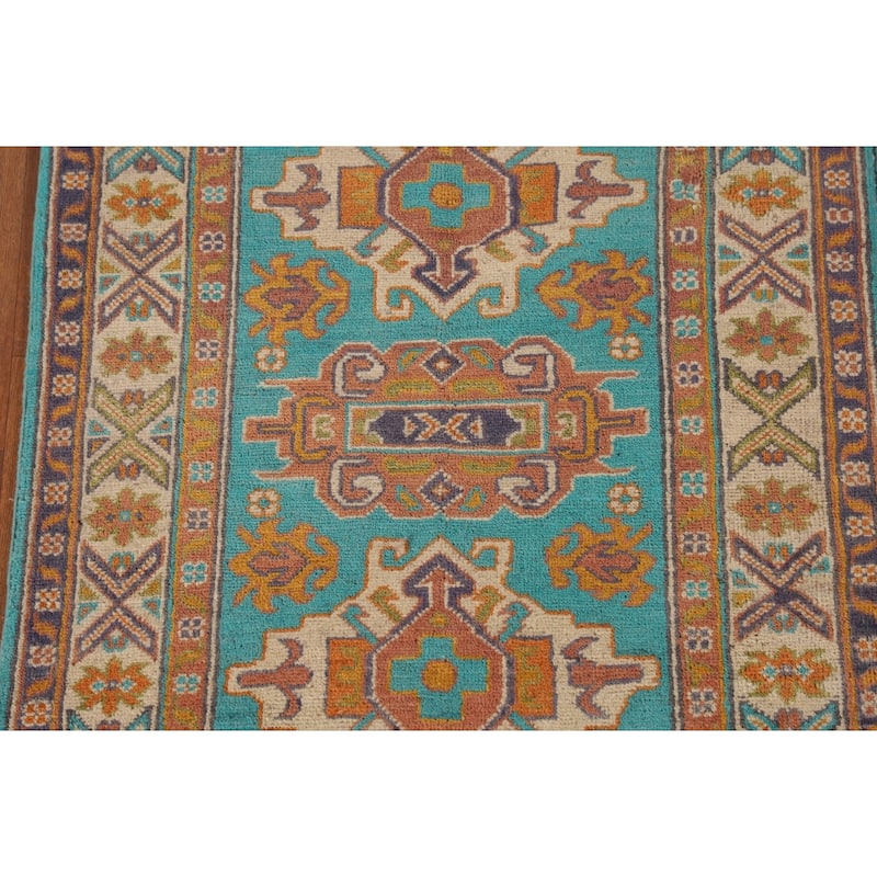 Turquoise Blue Kazak Oriental Accent Rug Hand-Knotted Wool Carpet - 2'8"x 3'10"