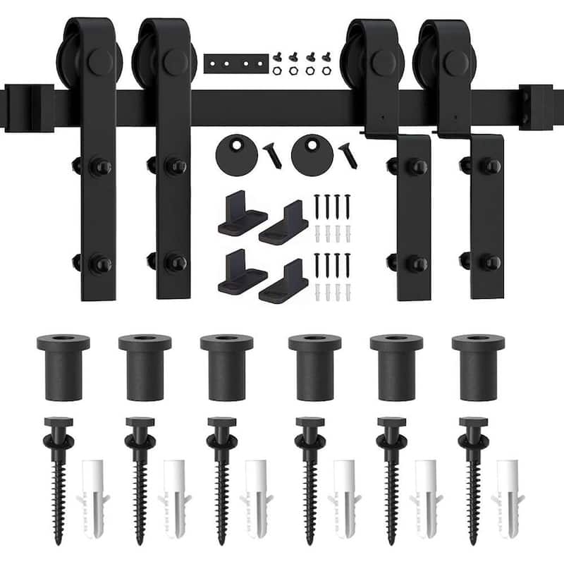 4-12FT Single Track Bypass Sliding Barn Door Hardware Kit for Double Doors J Style Rollers