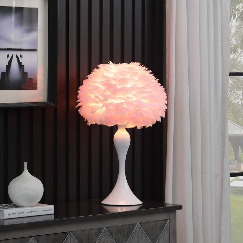 24" Faux Feather and Metal Table Lamp for Living Room - 15.50” x 15.50” x 23.50” - Glam-Pink