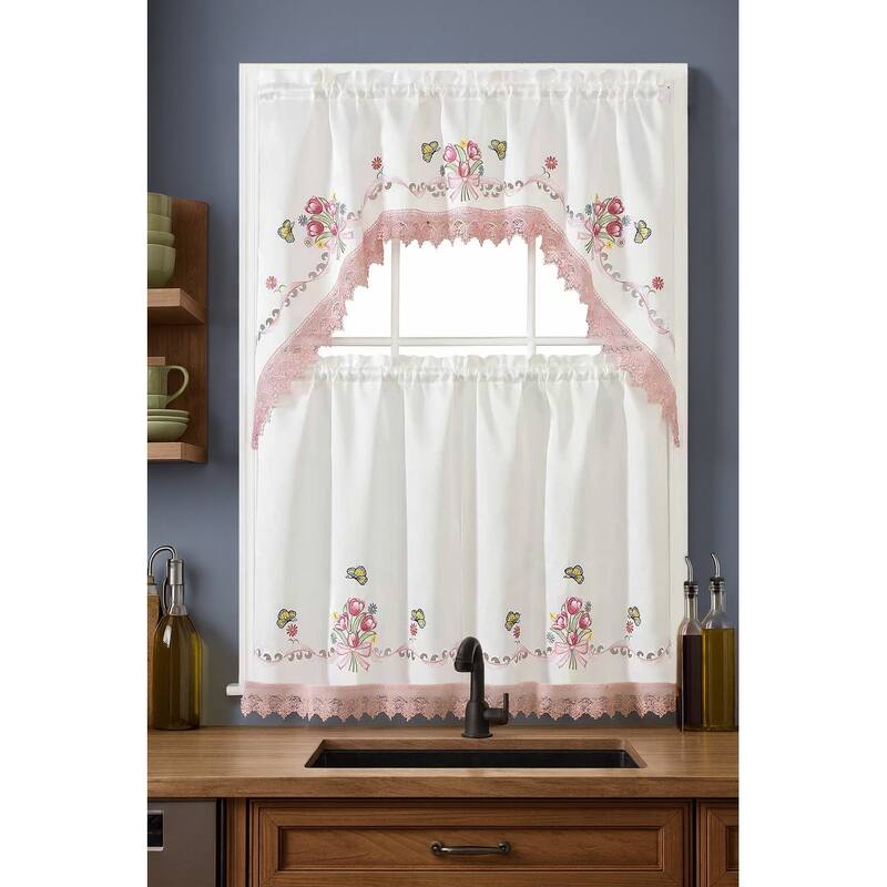 White Pink Bitterly Embroidery Kitchen Curtain 3PC Set Swag & Tiers Set - White & Pink - 56 Inches