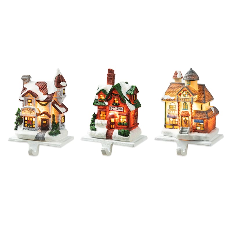 Glitzhome 6"H Christmas Lighted Resin House Stocking Holders Mantel Ornament (Set of 3)