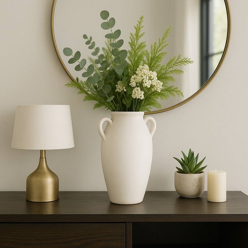 Neutral Ceramic Textured Amphora Jug with Handles Vase - White