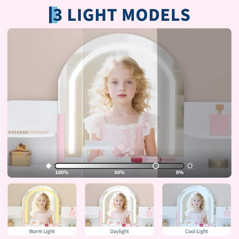 2 in 1 Kids Vanity Table & Stool with Lighted Mirror, Bookshelf and Makeup Palyset