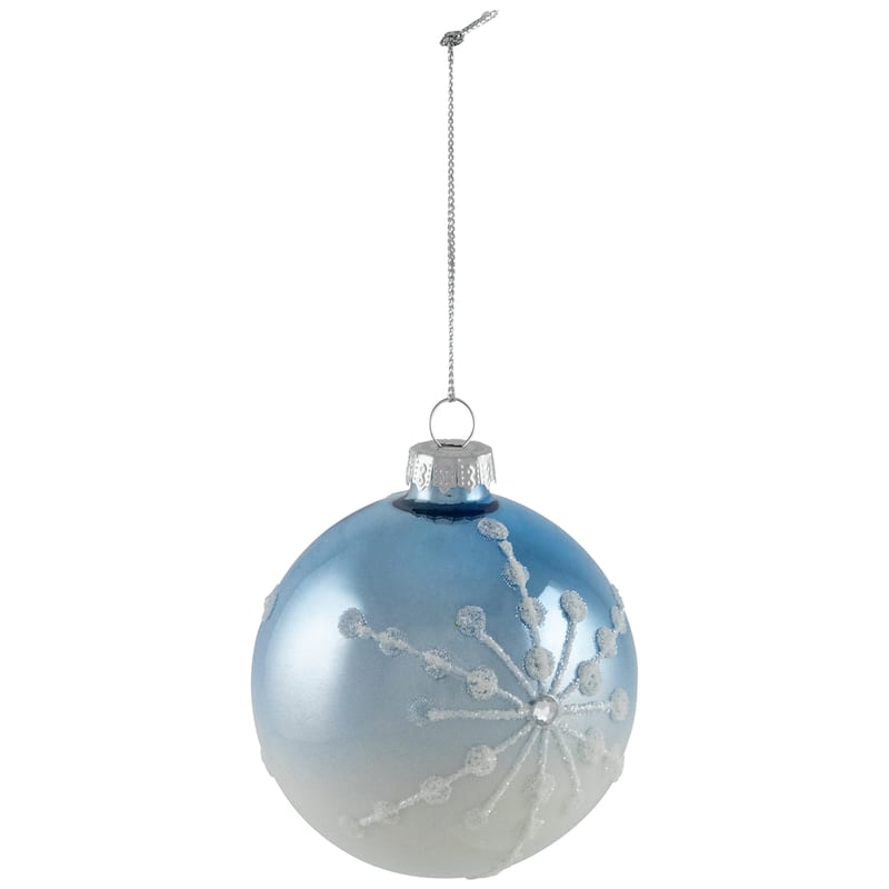 Stripes and Snowflakes Shiny Glass Ball Christmas Ornaments - 3" (80mm) - Blue and White - 4ct