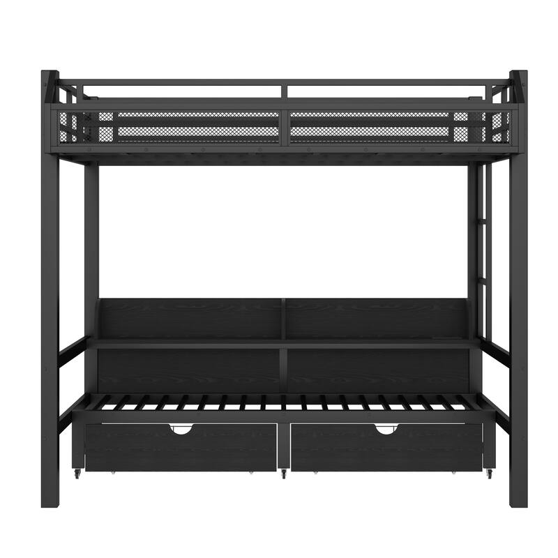 Full over Full Bunk Bed with Storage, USB Ports & LED Lights, Converts to Sofa, Metal Frame