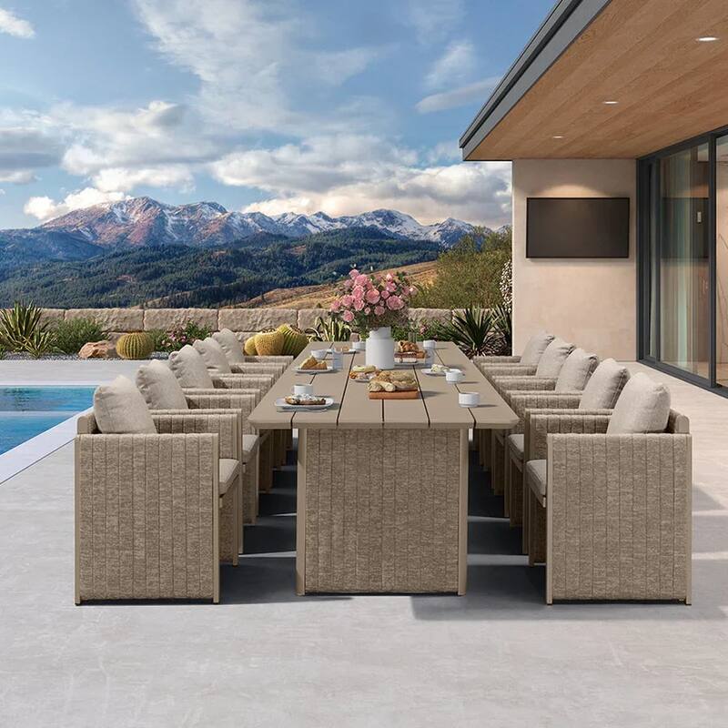 PURPLE LEAF Sanori Patio Dining Set Modern Large Weather-Resistant Table and Aluminum Chairs Beige for Garden Backyard Kitchen - 11-Piece Rectangle(long table)