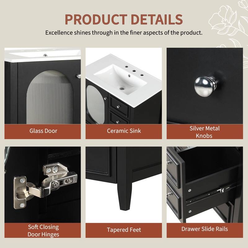 30" Stylish Bathroom Vanity with Sink, Bathroom Storage Cabinet with 3 Drawers, Solid Wood Frame and Glass Door