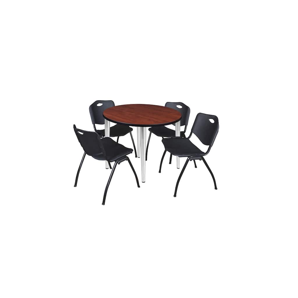 36 in. Round Breakroom Table- Cherry Top, Chrome Base & 4 M Stack Chairs- Black