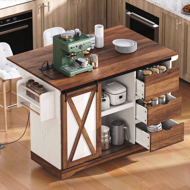 Farmhouse Kitchen Island with Drop Leaf, Kitchen Storage Island with Barn Door, Power Outlet, Rolling Kitchen Cart on Wheels