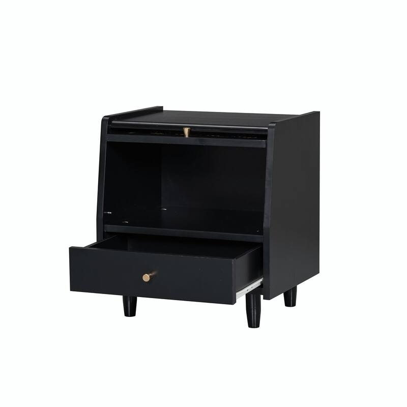 Wooden Nightstand with Rattan Storage Cabinet and 1 Drawer