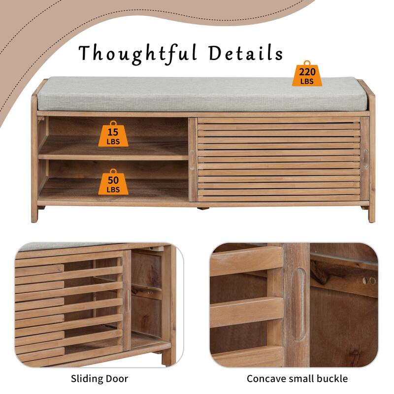 Entryway Bench Storage Shoe Bench w/ Cushion & Sliding Door, Shoe Cabinet Organizer for Living Room, 15.4" W x 43.3" D x 16.5" H
