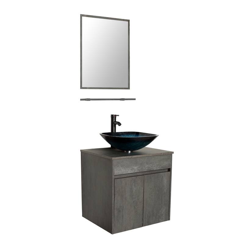 24" Wall Mounted Bathroom Vanity Set W/ Tempered Glass/ Ceramics Sink Combo