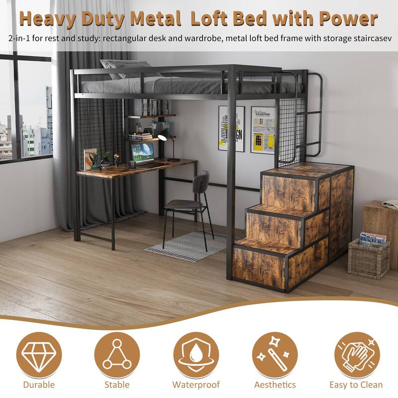 Full Loft Bed with Desk, USB Charging, Storage Drawers & Staircase - Space-Saving Black Design for Adults/Teens