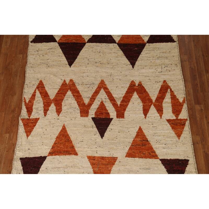 Hand Knotted Oriental 100% Wool Carpet Modern Geometric Beige & Ivories Moroccan Area Rug - 7' 9'' X 5' 9''