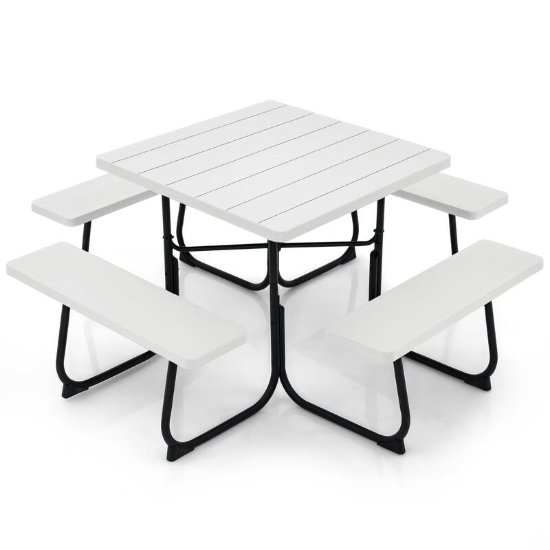 Gymax Outdoor Picnic Table 8-person Square Picnic Table Bench Set w/ 4 - White