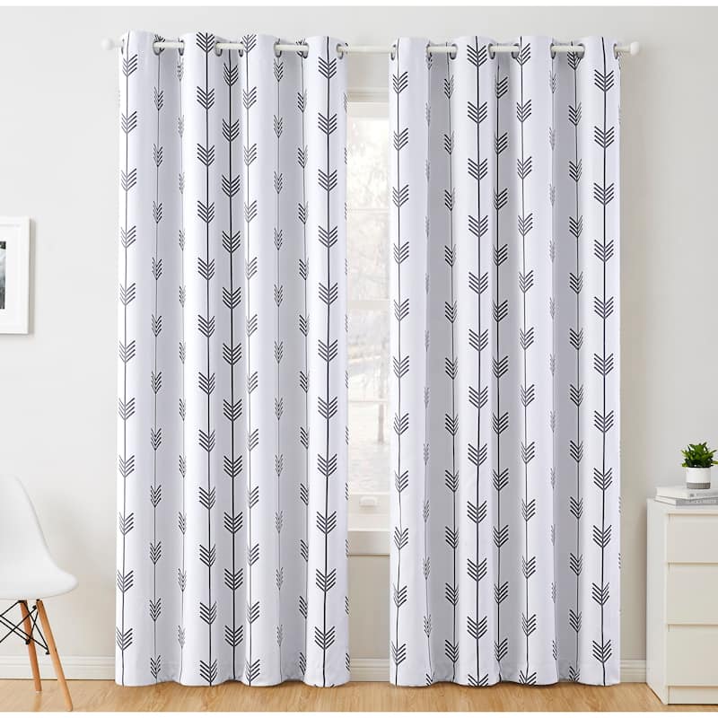 HLC.me Arrow Thermal Room Darkening Blackout Energy Efficient Window Curtain Grommet Panels - Set of 2 - 52" W x 84" L per panel - Set of 2 - Platinum White/Grey