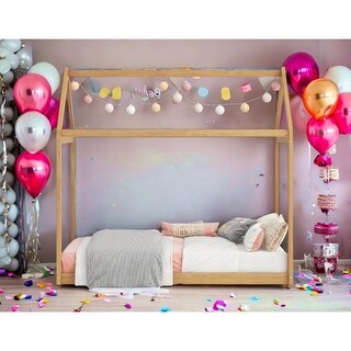 Wooden Twin Size House Bed, Kids Bed with House-shaped Roof