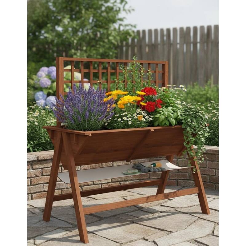 Elevated Garden Bed, with Climbing Trellis - Acorn Brown