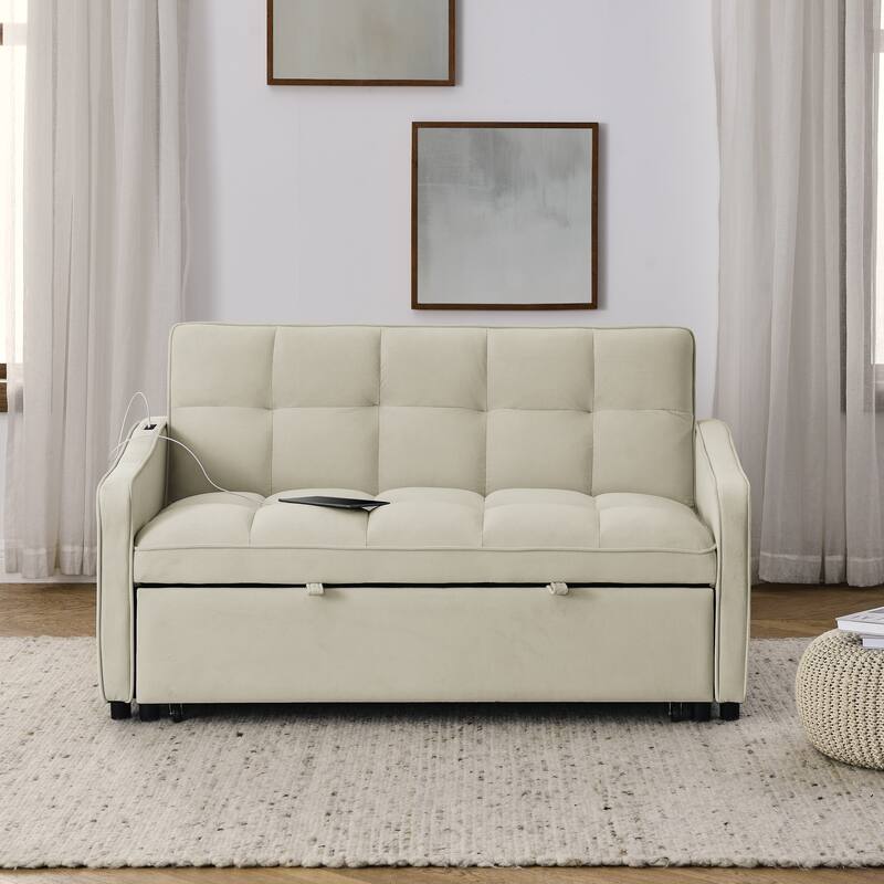 Versatile Sofa Couch with USB Port, Multifunctional Pull-Out Sofa Bed, Foldable Sofa Bed with Adjustable Backrest - Beige