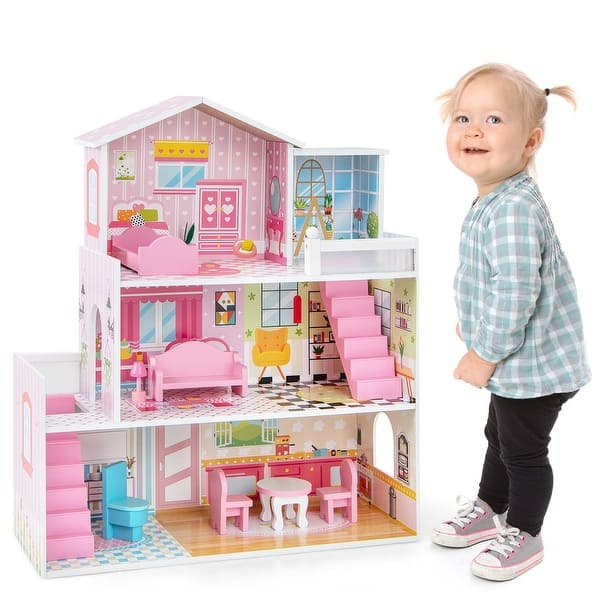 slide 2 of 10, Costway Kids Wooden Dollhouse Playset with 5 Simulated Rooms & 10 - See Details Multi - See Details